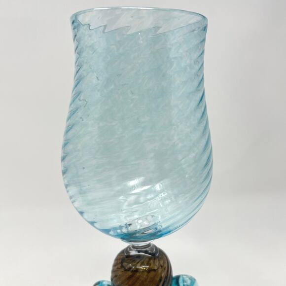 Murano Style Goblet Art Glass Signed Venetian Blue Amber Brown Hand Blown - Picture 5 of 11